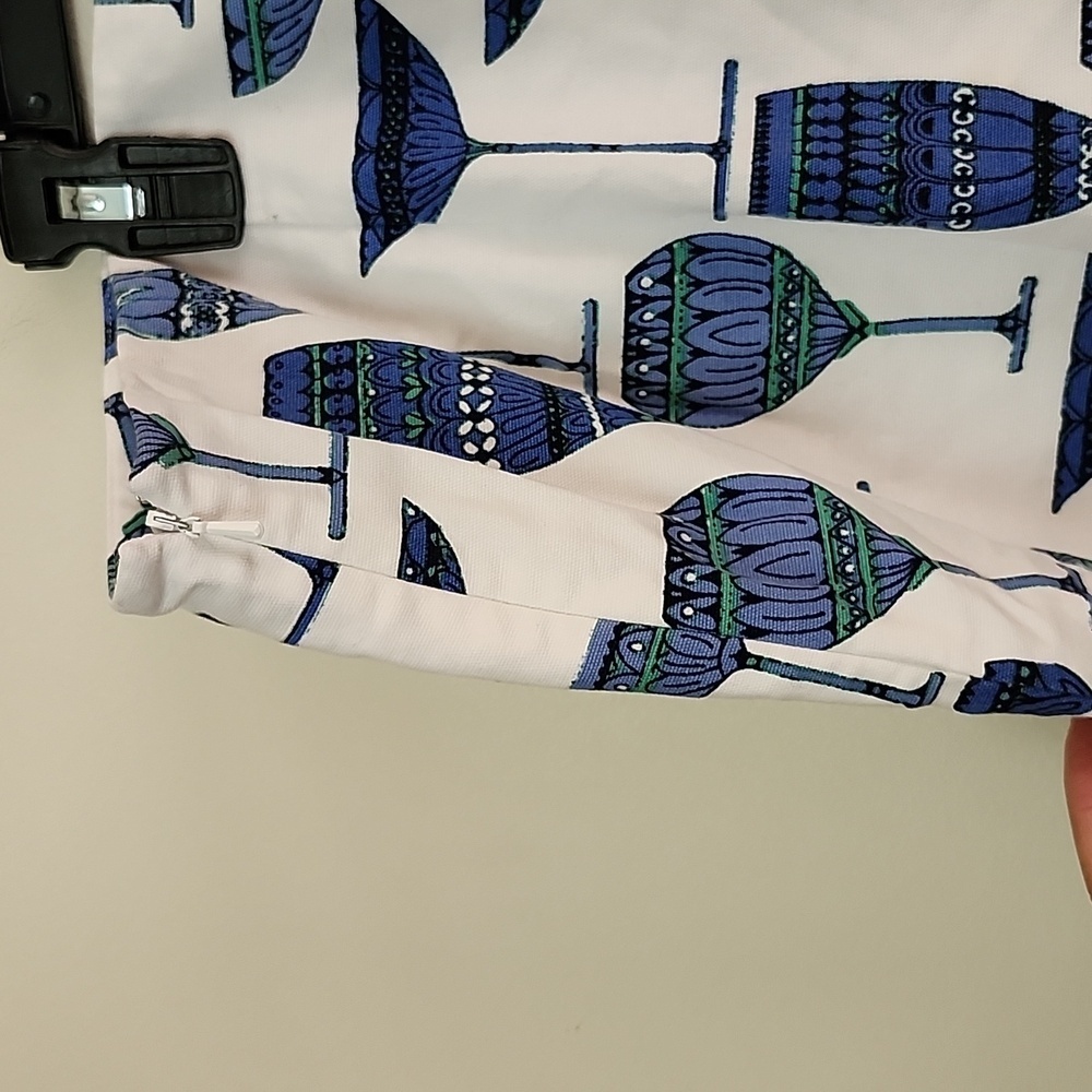 Talbots linen cotton mini skirt glass cup print blue white coastal women sz 14. - Picture 5 of 8